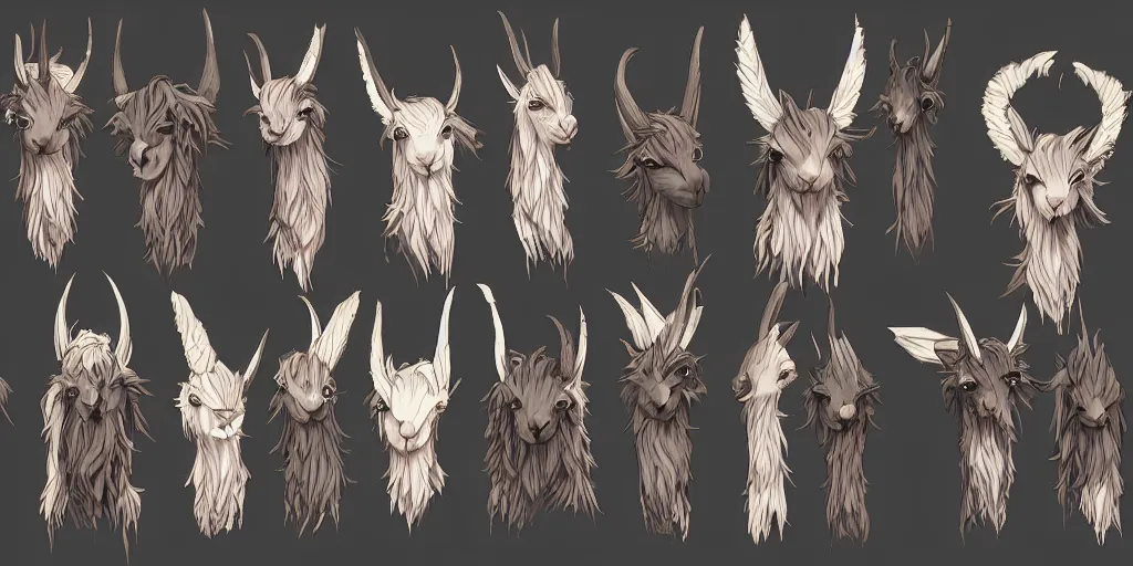 Prompt: game asset of unique llama heads on black background, organic, anime fantasy illustration by tomoyuki yamasaki, props, stylized, 2 d sprites, kitbash, 8 k, close up, kyoto studio, madhouse, ufotable, comixwave films, trending on artstation