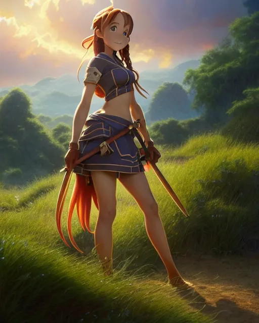 Image similar to weta disney pixar movie still pinup photo of asuna from sao : : as sunburnt cowgirl village woman by pixar : : by weta, greg rutkowski, wlop, ilya kuvshinov, rossdraws, artgerm, marvel, maxim cover, latex, octane render, sweaty, iridescent, bright morning, anime, liosh, mucha : :