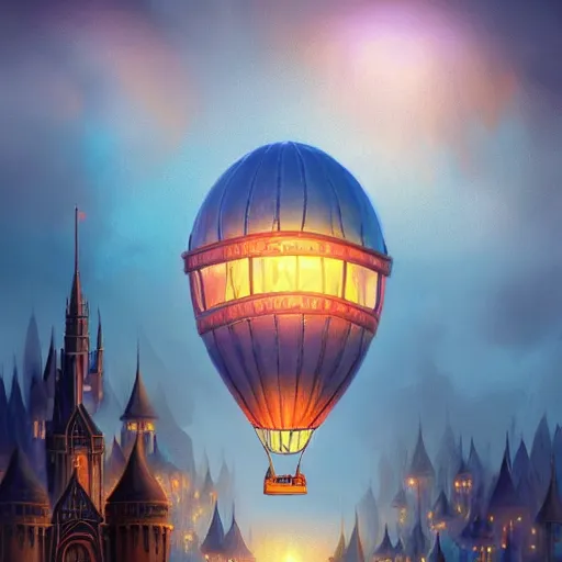 Image similar to a beautiful stunning fantasy whimsical matte digital illustration of a scene of a hot - air balloon powered by magic! over a lit city at night by marc simonetti, pastel color palette, disney magic the gathering steampunk!!!, chiaroscuro magical! bokeh moon stars dramatic romantic! epic breathtaking, trending on artstation hq, masterpiece