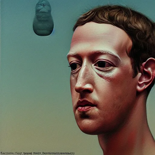 Image similar to mark zuckerberg as a zdzisław beksinski painting, epic,