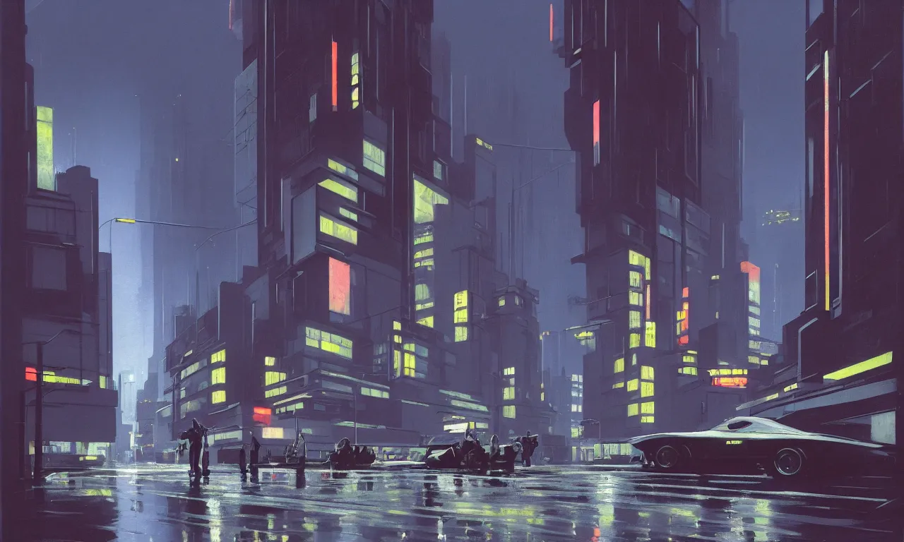 Prompt: streetscape, brutalist buildings, metal, concrete, wet streets, neon lights, neon signs, vehicles, pedestrians, syd mead, ralph mcquarrie, doug chiang, concept art, matte painting, finely detailed, minimal artifacts, rule of thirds, dynamic lighting, cinematic, denoised, centered, artstation