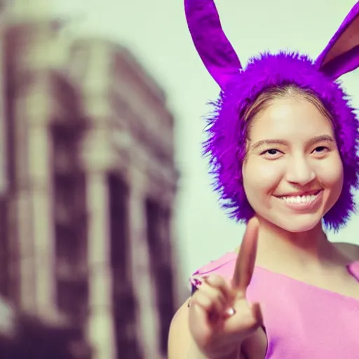 Prompt: young woman smiling at camera,, showing peace sign with her right hand, head tilted to the right, bunny ears head - piece