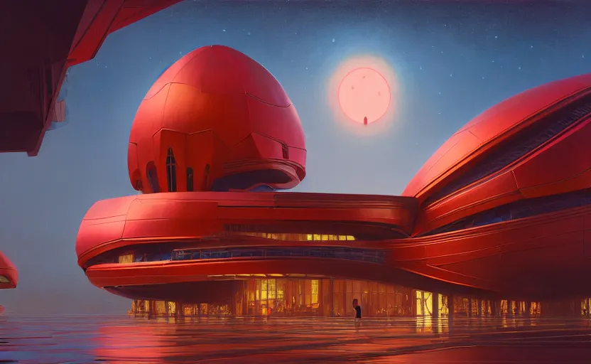 Image similar to exterior shot of utopian architecture red building with cinematic lighting by zaha hadid and renzo piano, darek zabrocki and greg ruthkowski, alphonse mucha, simon stalenhag, cinematic, stars, beautiful, holy place, paradise, scifi, futurism, atmospheric, concept art, artstation, trending on artstation