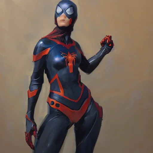 Image similar to greg manchess portrait painting of partially armored female iron spiderman as overwatch character, medium shot, asymmetrical, profile picture, organic painting, sunny day, matte painting, bold shapes, hard edges, street art, trending on artstation, by huang guangjian, gil elvgren, ruan jia, greg rutkowski, gaston bussiere