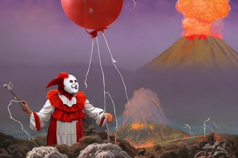 Image similar to pennywise as pulcinella! making pizza, vesuvius spewing lava in the background, glowing pools of lava, dark cloudy sky, by esao andrews, by james jean, full body, wide angle, post - apocalyptic, hyperrealistic, big depth of field, 3 d octane render, 4 k, perfect symmetrical face, masterpiece, hyperrealistic, trending on deviantart