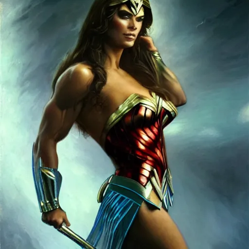 Image similar to : beautiful portrait of carmen electra as wonder woman, bodybuilder posing, radiant light, caustics, war hero, metal gear solid, by gaston bussiere, bayard wu, greg rutkowski, giger, maxim verehin