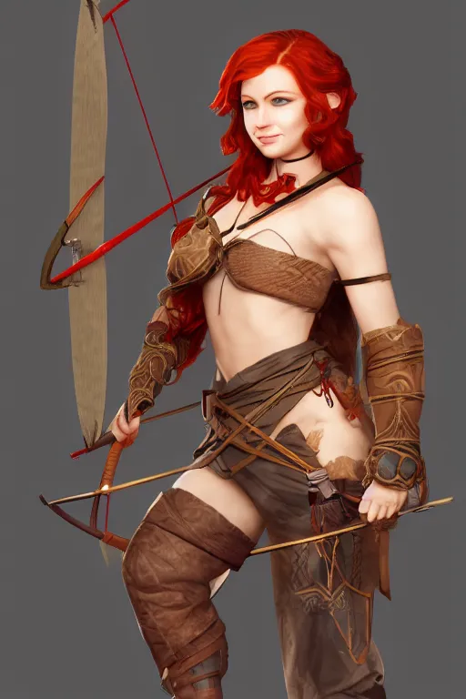 Image similar to Full picture of Redhead archer, high fantasy, ornamental bow, trending on artstation, arstationhd, HD