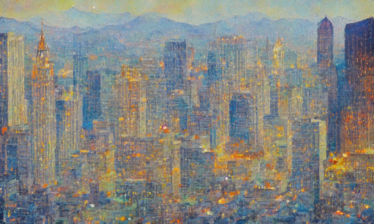 Image similar to downtown salt lake city, in the style of minerva teichert, oil on canvas, impasto, visible brushstrokes, watercolor, 8 k scan