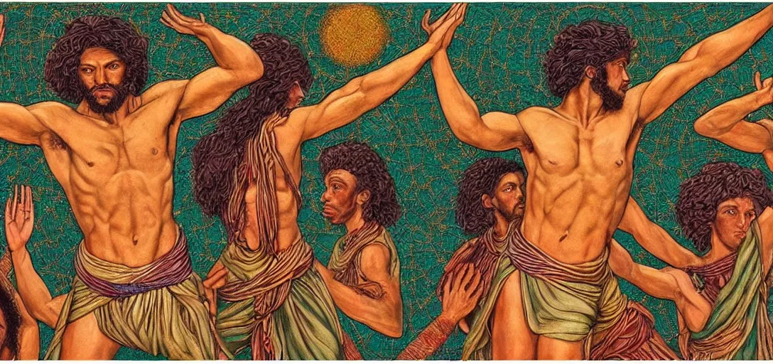 Image similar to an abstract spiritual background, a multiracial greek god dancing, green eyes. high contrast lines, great detail. 2 4 mm, photorealistic, muted color scheme, directed by mati klarwein and mat collishaw