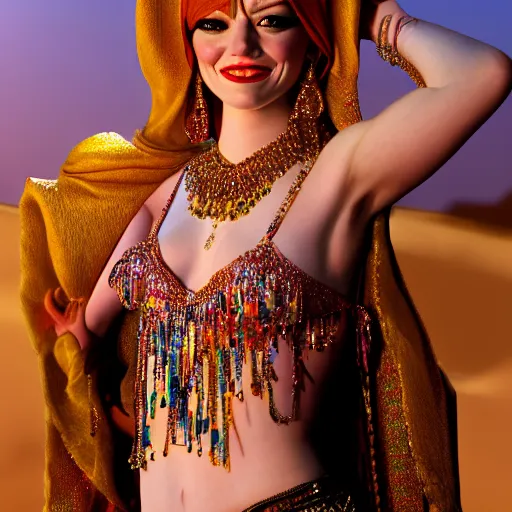 Image similar to a portrait of emma stone dressed as a belly dancer, arabian night, high quality, fully detailed, 4 k, in focus face with fine details, realistic hand details and anatomy