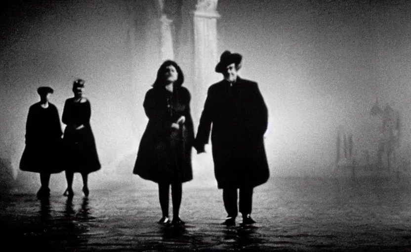 Prompt: haunting in Venice, still from an old surrealist black and white movie directed by Jan Svankmajer, Béla Tarr, Ingrid Bergman and Robert Wiene. Dark background, dramatic lighting, detailed, cinematic