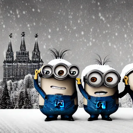 Image similar to minions from the movie despicable me with joseph stalin, with a background of the kremlin in snow, sepia tone picture, black and white photo