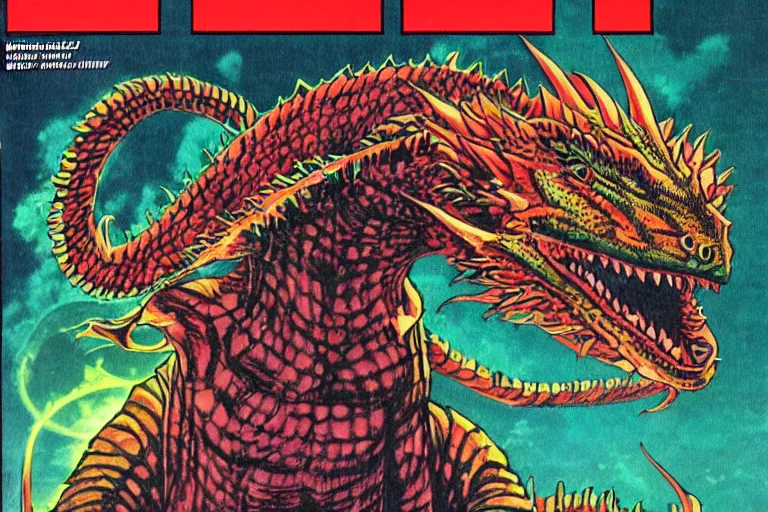 Prompt: 1979 Dragon magazine cover depicting a lizard man in neo-tokyo style by Larry Elmore. DND character art