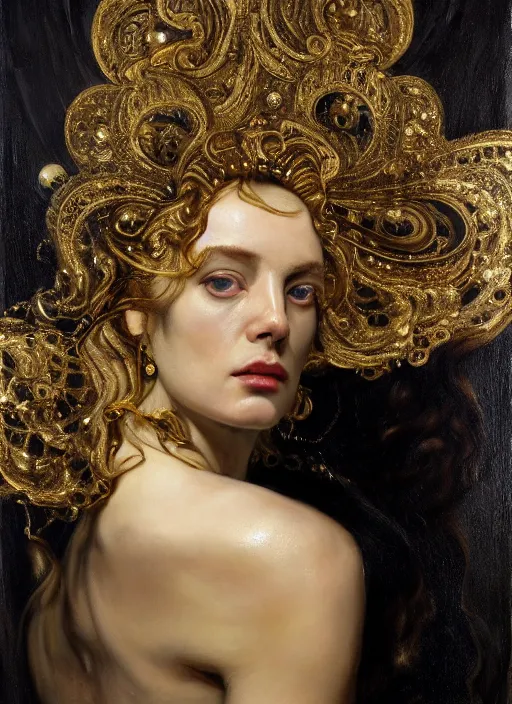 Prompt: highly detailed oil painting | very intricate | cinematic lighting | black, white and gold color scheme, dark background | god whispering on beethovens ear by alexander mcqueen | by roberto ferri, by gustav moreau, by singer sargent and klimt, american romanticism, occult art | by austin osman spare, artstation, cgsociety, official art, octane