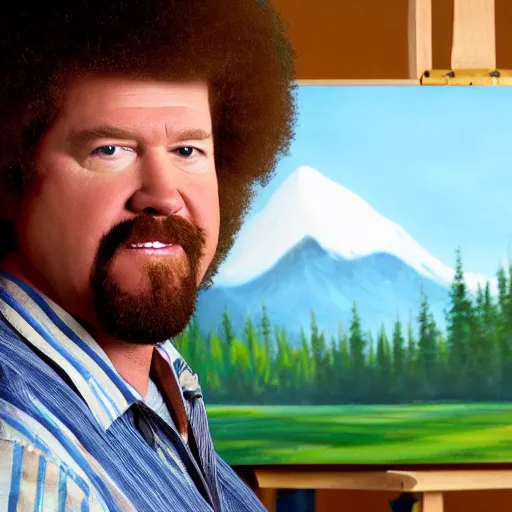 Image similar to a closeup photorealistic photograph of bob ross crafting an image of kenny powers autographing a baseball, painting on a canvas. mountains and trees. film still. brightly lit scene. this 4 k hd image is trending on artstation, featured on behance, well - rendered, extra crisp, features intricate detail, epic composition and the style of unreal engine.