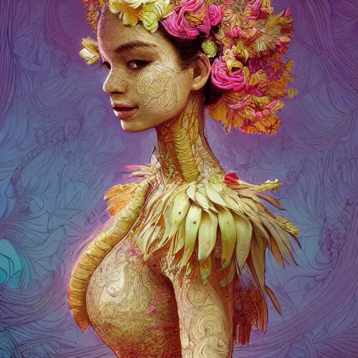 Prompt: the portrait of an absurdly beautiful, graceful, and elegant woman made of bananas and petals, an ultrafine detailed illustration by kim jung gi, irakli nadar, intricate linework, bright colors, final fantasy, behance contest winner, angular, unreal engine 5 highly rendered, global illumination, radiant light, detailed and intricate environment