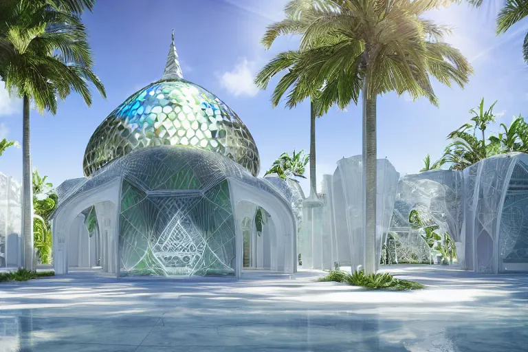 Prompt: futuristic translucent iridescent mosque architecture by Buckminster Fuller, sunshine, lush lawn, shadows, spaceship, complex, detailed, pearlescent, white panels, dome, palm trees, symmetry, glass, 3d printed, cinematography by denis Villeneuve, realistic, hyper real, octane render