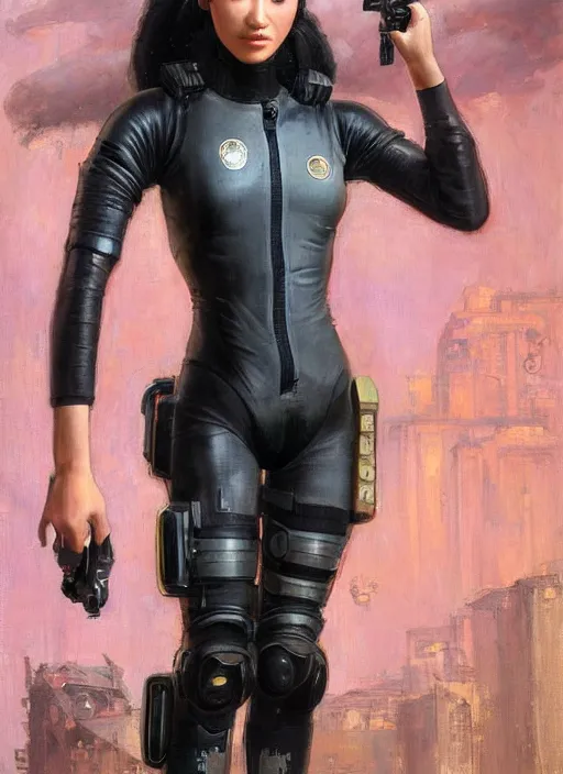 Image similar to Marie Cho. beautiful cyberpunk female USN marine wearing a military vest and a black and pink tactical catsuit (cyberpunk 2077, bladerunner 2049). gorgeous face. Iranian orientalist portrait by john william waterhouse and Edwin Longsden Long and Theodore Ralli and Nasreddine Dinet, oil on canvas. Cinematic, hyper realism, realistic proportions, dramatic lighting, high detail 4k