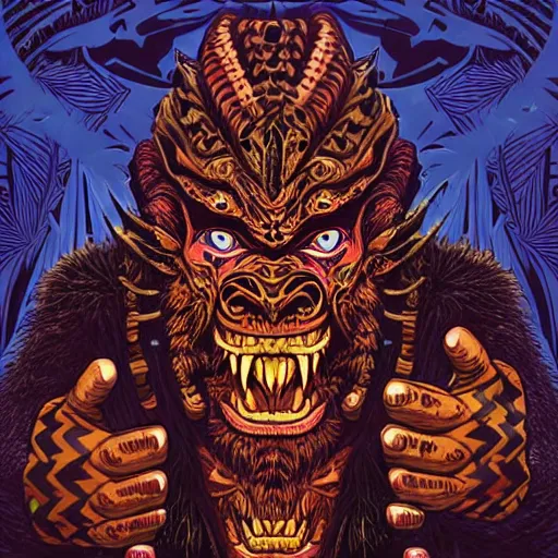 Image similar to barong family member with middle finger up, wiwek, rage, mara demon, one single tribe member, jungle, one single mask, dark, ancient warrior, gorilla, lizard, tribal, inner glow, art by dan mumford and justin gerard