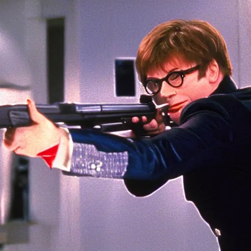 Image similar to austin powers shooting an ak - 4 7, photography, movie,