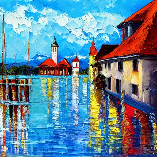 Image similar to a beautiful impasto oil painting of the city of the chiemsee, digital art