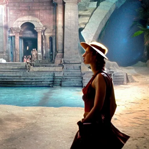 Prompt: a beautiful photo from the film indiana jones and the fate of atlantis of sophia hapgood and indiana jones at the city of atlantis, dslr hyper focused