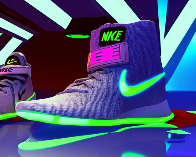 Image similar to A 3D concept design of futuristic nike sneakers with neon lights from below, unreal engine 5