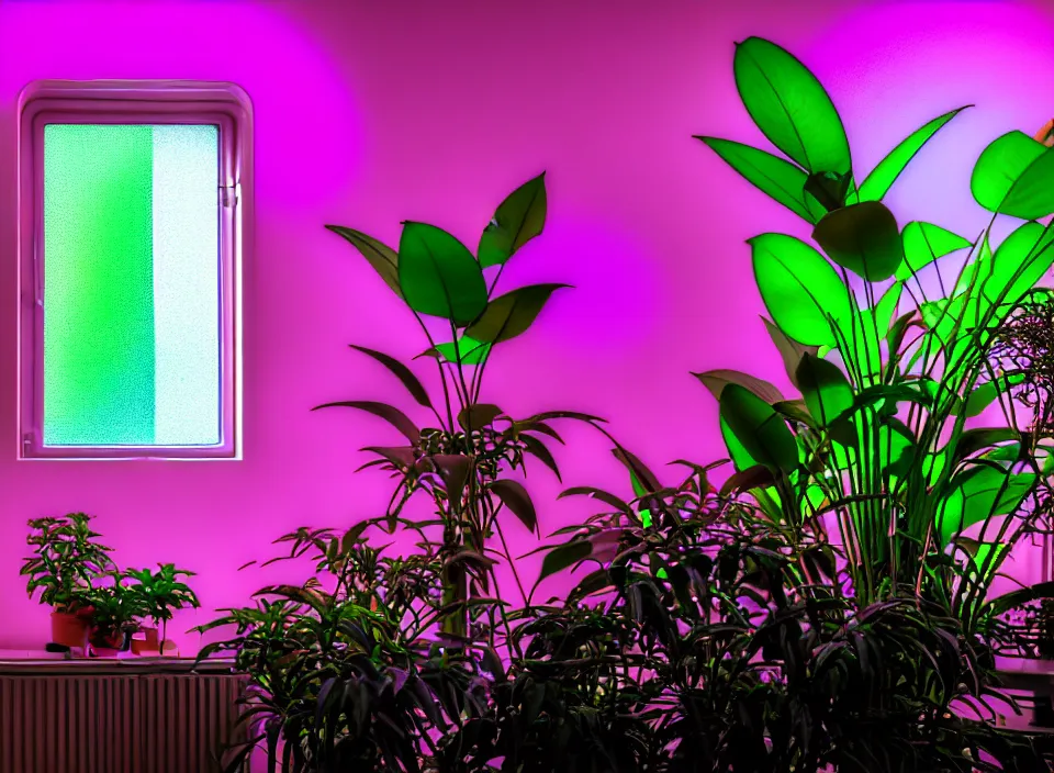 Prompt: telephoto 7 0 mm f / 2. 8 iso 2 0 0 photograph depicting a single purple alien jungle plant in a cosy cluttered french sci - fi ( art nouveau ) cyberpunk apartment in a pastel dreamstate art cinema style. ( computer screens, window ( city ), leds, lamp, ( ( ( aquarium bed ) ) ) ), ambient light.