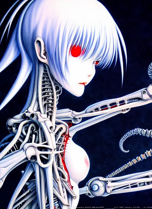 Image similar to Rei Ayanami by Yoshitaka Amano, by HR Giger, biomechanical, profile portrait, 4k, wide ayes, hyper detailed, hyperrealism, anime, a Blood Moon rising on a Broken World 4k very detailed deviantart artstation