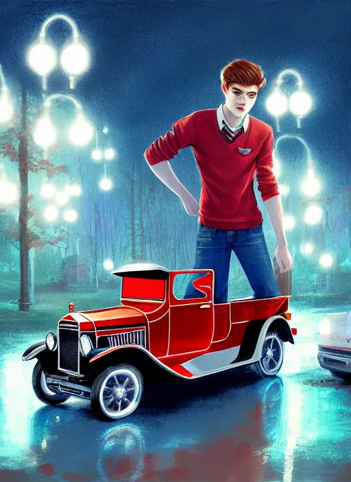 Image similar to teenage archie andrews, in a red ford model t, intricate, elegant, glowing lights, highly detailed, digital painting, artstation, sharp focus, illustration, art by wlop, mars ravelo and greg rutkowski