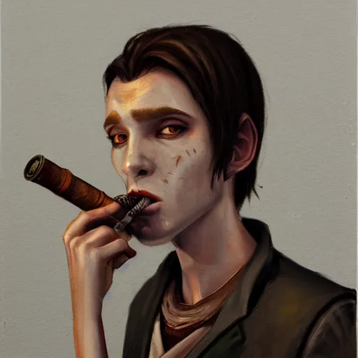 Image similar to an oil drawing of a young vampire with a pipe in his hand, a character portrait by muggur, disco elysium character, featured on deviantart, fantasy art, concept art, official art, hd mod