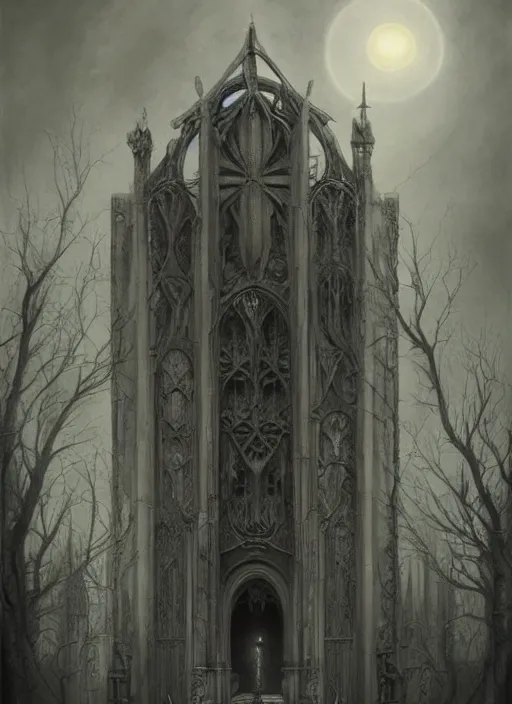 Image similar to By Tom Bagshaw, ultra realist soft painting of a gothic crypt by night, male vampire smile, horror, omnious sky, symmetry accurate features, very intricate details, black and white, volumetric light clouds