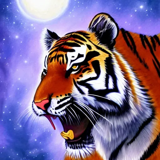 Image similar to Tiger walks through a dimensional portal,side view, Fantasy Art