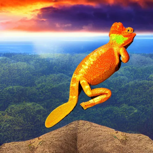 Prompt: golden chameleon hanging on a cliff by its tail, trying to catch rain drops, epic sunset skies in the background, very detailed digital art