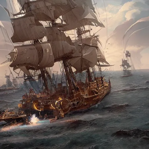 Image similar to close up of biggest pirate battle ever, realistic shaded, fine details, realistic shaded lighting poster by greg rutkowski