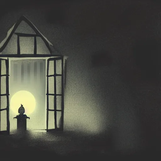 Prompt: an decrepit haunted house in the dark of night, moonlit, creepy, scary, ambient lighting, silhouette of person in a lit window, concept art