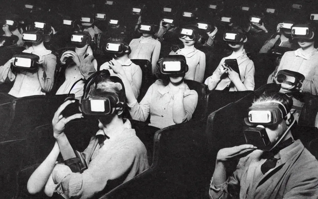 Prompt: 1 9 0 0 s photo of people using iphones ipods virtual reality headsets vr in a movie theater double exposure masterpiece