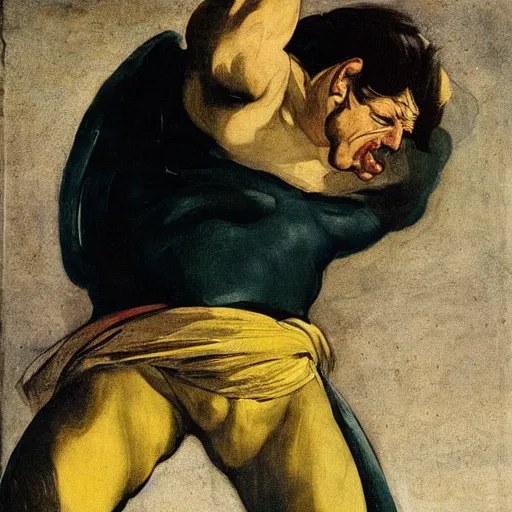 Image similar to inspiring superhero. tough guy big fist. cool colorscheme illustrated by goya goya,,,,,,, by artemisia gentileschi, by theodore gericault,