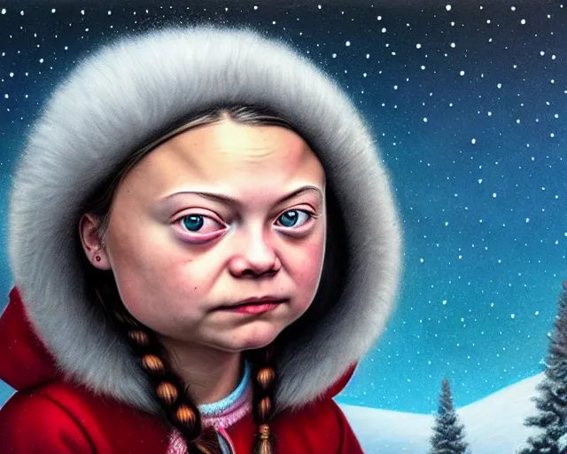 Image similar to closeup profile portrait of greta thunberg as an eskimo, nicoletta ceccoli, mark ryden, lostfish, max fleischer, hyper realistic, artstation, illustration, digital paint, matte paint, vivid colors, bright, cheerful, detailed and intricate christmas environment