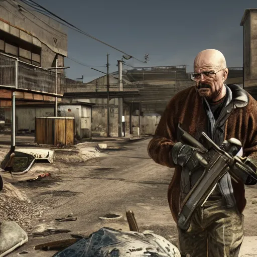 Prompt: Walter White in the Call of Duty Modern Warfare 2 map Rust, high resolution award winning photo, trending on artstation, 8k, MW2 Rust