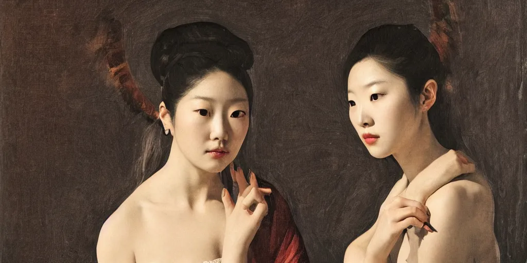 Image similar to a portrait of Kim Ji-soo as a very beautiful goddess with halo behind her head, seductively looking in front, beautiful aesthetic face, in the style of Caravaggio and Vermeer, realistic, dark, dramatic lighting