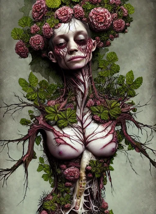 Image similar to beautiful and detailed rotten woman corpse with fractal plants and fractal flowers growing around, muscles, veins, arteries, intricate, organs, ornate, surreal, ray caesar, john constable, guy denning, dan hillier