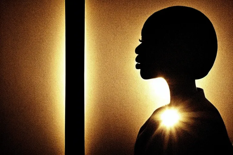 Prompt: a silhouette of a woman with a sun halo on her head, an album cover by carrie mae weems, trending on pinterest, afrofuturism, chiaroscuro, studio lighting, dramatic lighting