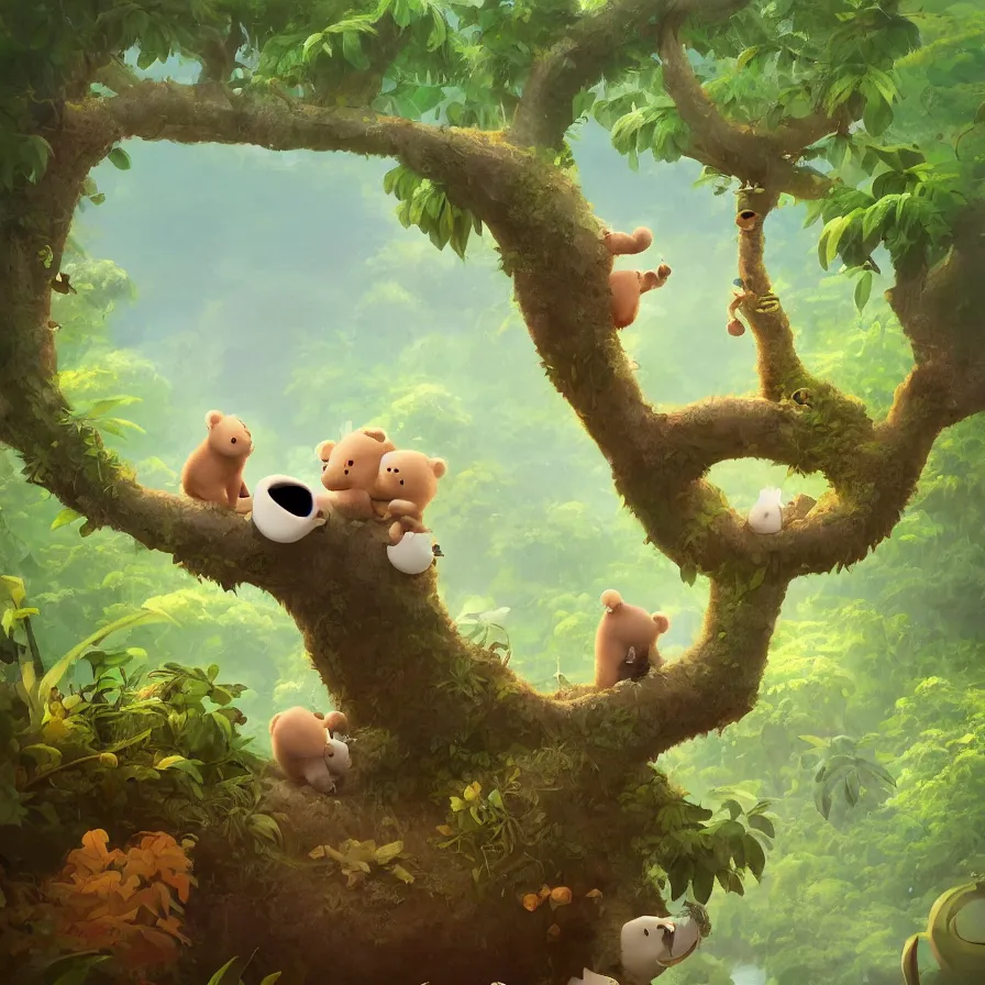 Prompt: A baby bear on top of a trunk that navigates the river of a jungle, art by Goro Fujita, ilustration, concept art, sharp focus, ArtStation, Deviantart