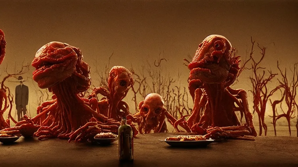 Image similar to the strange creature at the fast food place, made of oil they scare my family, film still from the movie directed by denis villeneuve and david cronenberg with art direction by salvador dali and zdzisław beksinski, wide lens