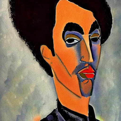 Image similar to a painting of prince in space in the style of modigliani. trending on artstation.