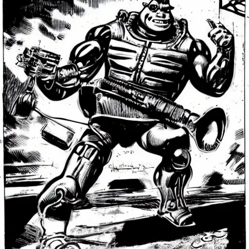 Prompt: terminator killing shrek, illustration by Jack Kirby