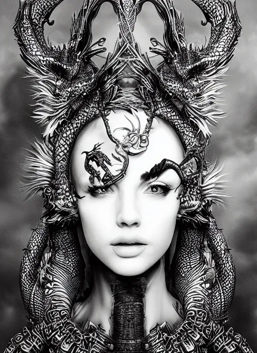Prompt: a black and white high quality photo of a young beautiful female queen - dragon - cyborg bust with a very long neck and mandelbrot fractal face, cinematic, intricate linework, photorealism