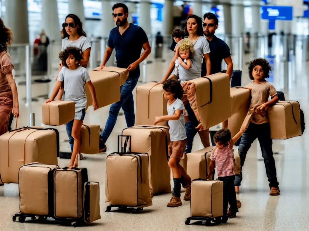 Image similar to a perfect abstract sculpture of a family going on a package holiday, wrapped in brown paper, hurrying through airport security as if they had not a care in the world. as they leave behind a wake of destruction in their suburban paradise.