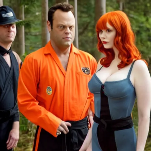 Image similar to vince vaughn as jack fenton, he is wearing an orange coveralls bodysuit with a black neck and a black belt, and christina hendricks as maddie fenton, she is wearing a tight teal coveralls bodysuit with a black neck and black belt, movie photo, spooky netflix still shot, they are looking for ghosts